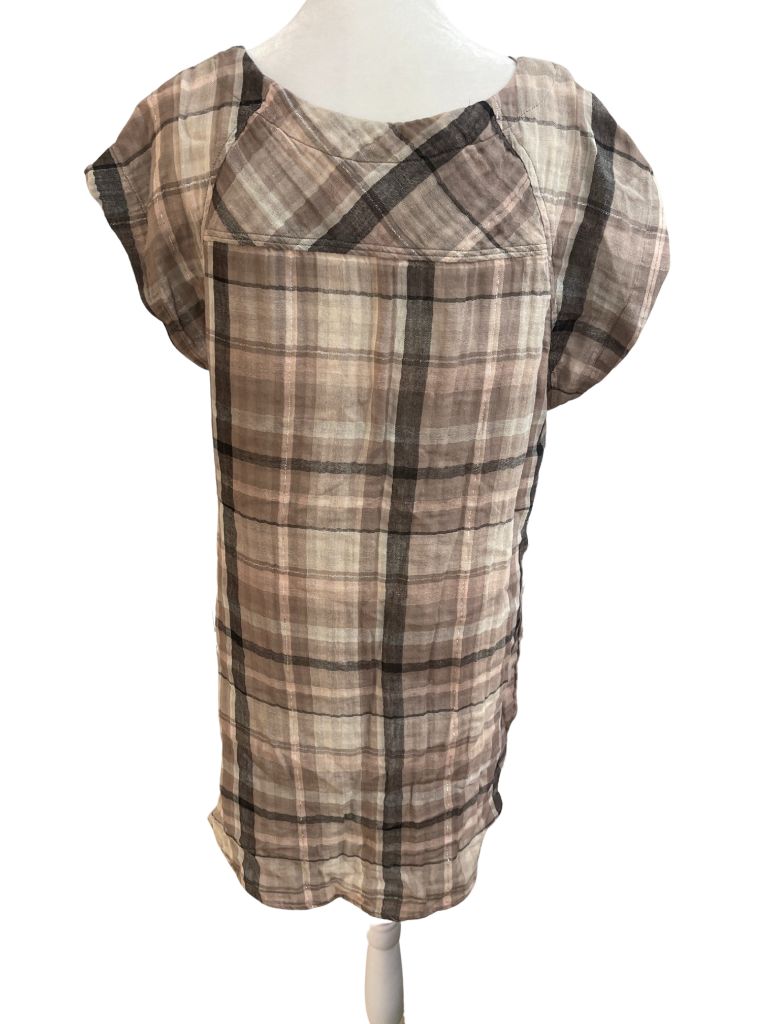 Akemi & Kin Light Brown Plaid Short Sleeve Hi-Low Shirt