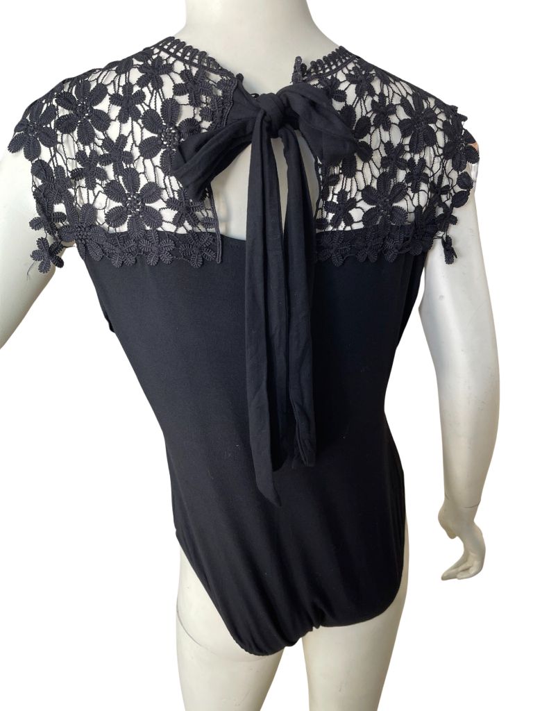 Black Bodysuit with Lace Collar Detail and Tie-Back