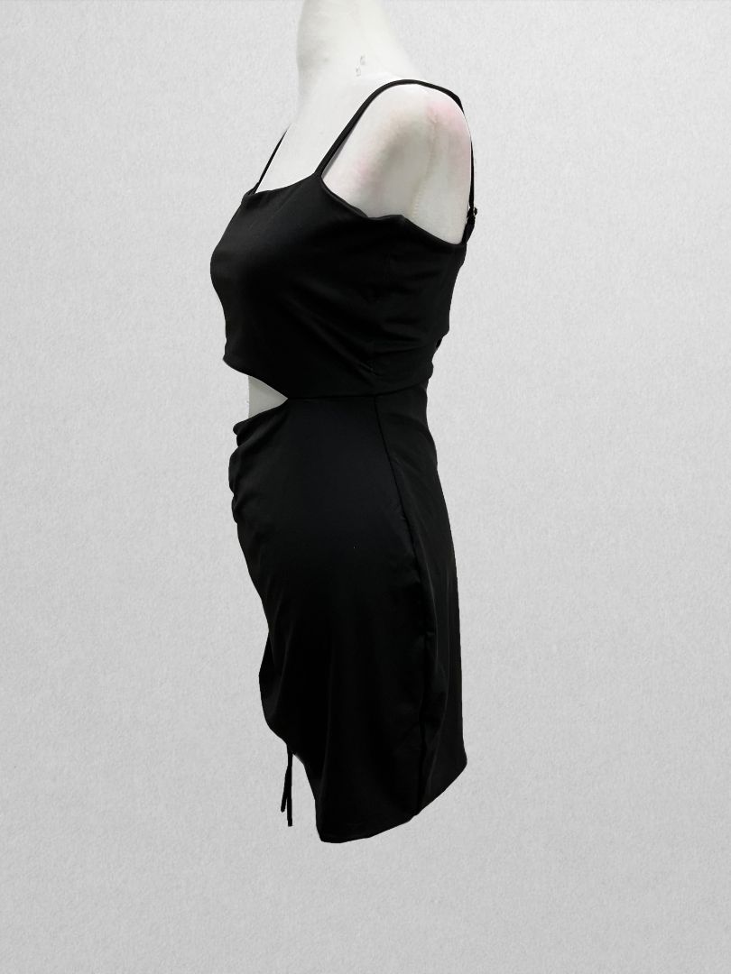 Black Spaghetti Strap Cocktail Dress with Cutout and Ruching