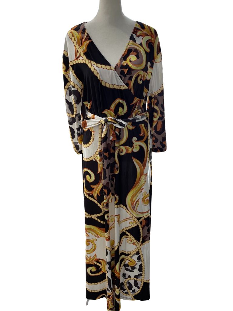 Black, Gold, and White Patterned Maxi Dress with 3/4 Sleeves