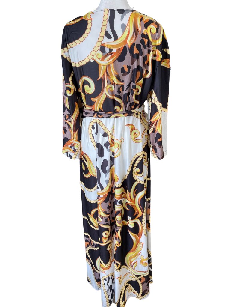 Black, Gold, and White Patterned Maxi Dress with 3/4 Sleeves