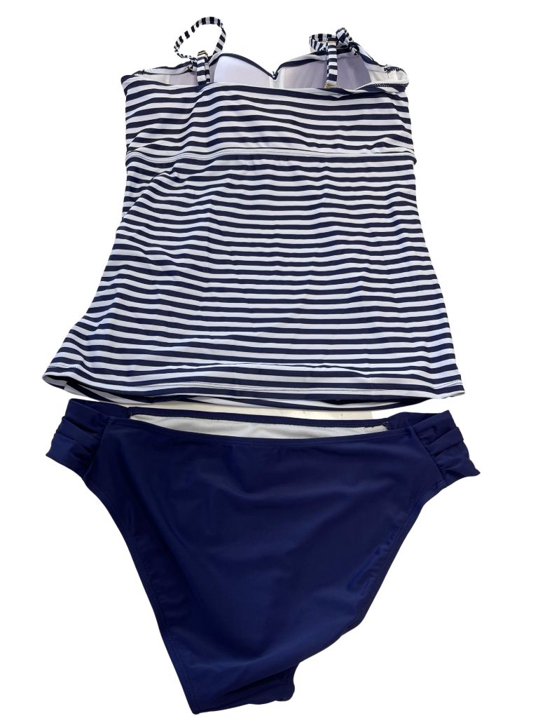 Blue and White Striped Tankini Swim Two-Piece with High Waisted Bottoms