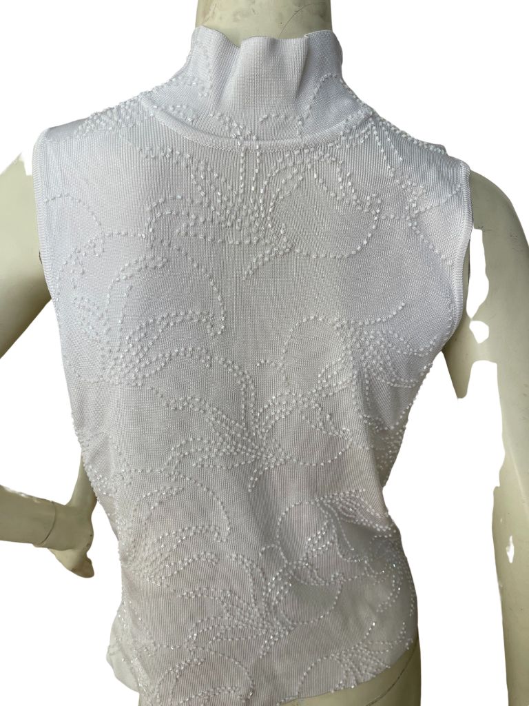 Carmen Marc Valvo Collection White Beaded Sleeveless Mock Neck Blouse