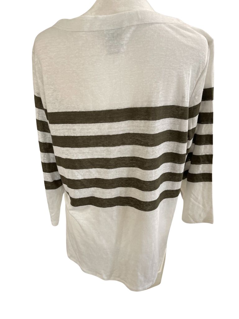 Chico's White and Grey Striped 3/4 Sleeve Linen Pullover Blouse