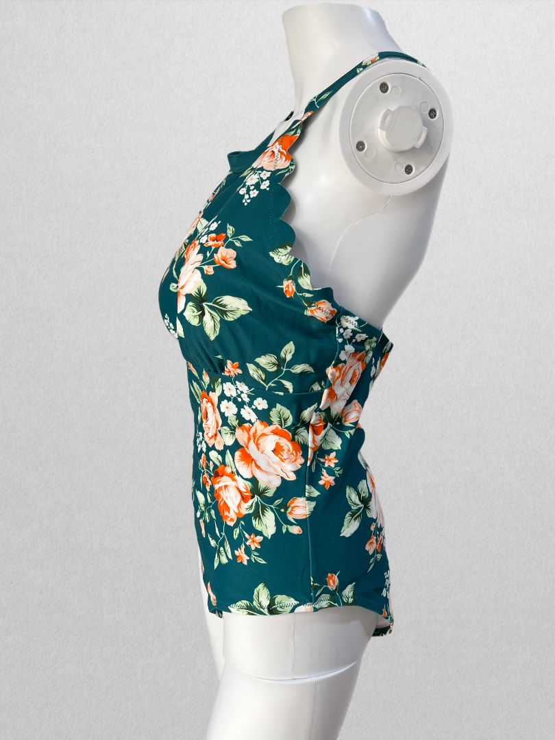 Cupshe Teal Floral Halter Neck Scalloped One Piece Swimsuit