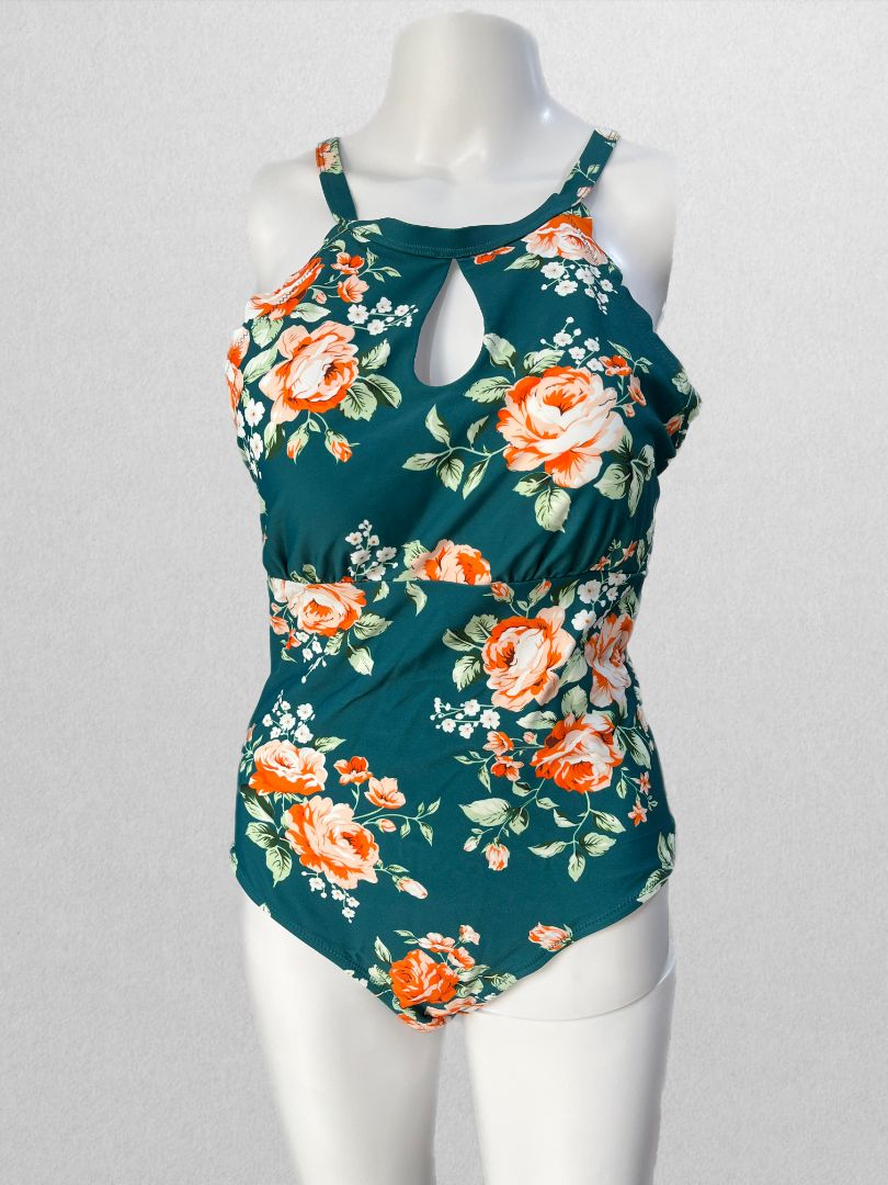 Cupshe Teal Floral Halter Neck Scalloped One Piece Swimsuit