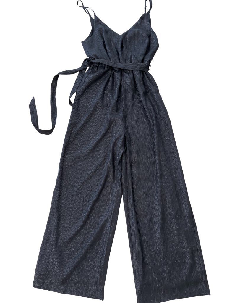 Divided Black Patterned/Metallic Threads Spaghetti Strap Jumpsuit