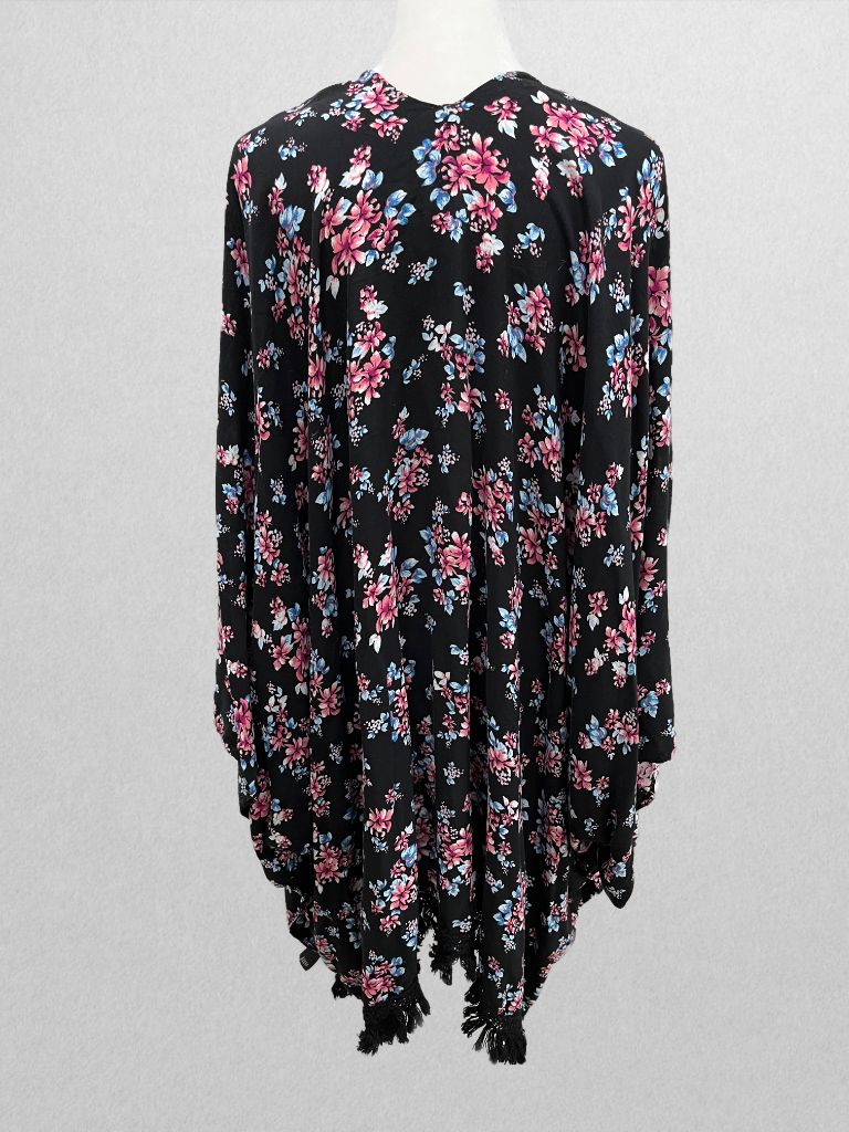 Lane Bryant Black Floral Kimono Overpiece with Tassel Hem