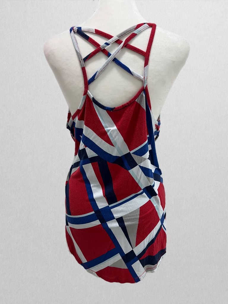 Lane Bryant Red/White/Blue Abstract High-Neck Strappy Back Tank
