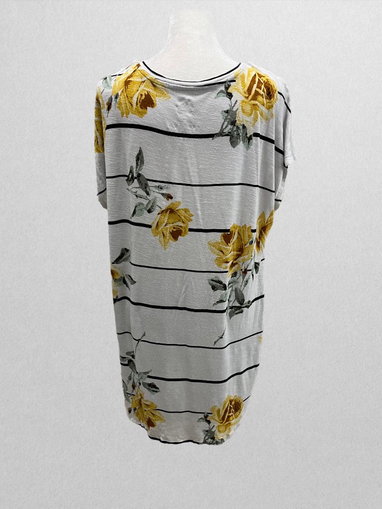 Maurices White/Black Striped Blouse with Yellow Roses