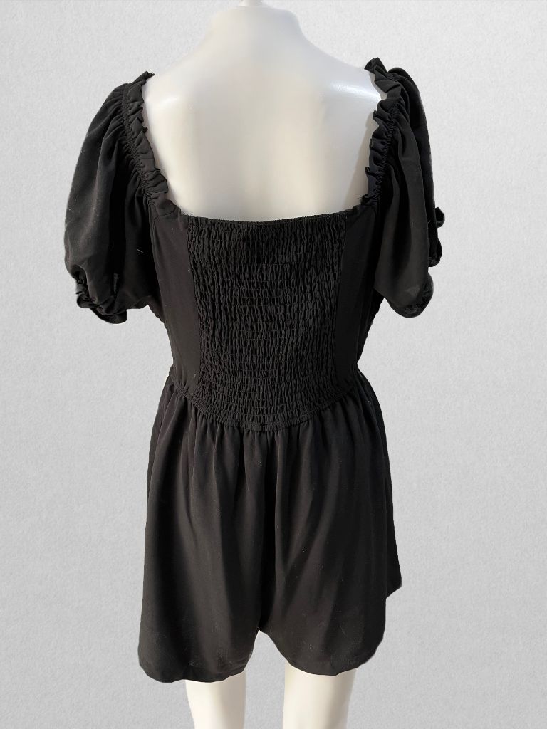 Black Ruched Romper with Puff Sleeves