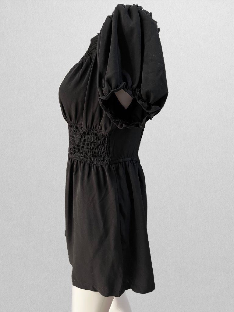 Black Ruched Romper with Puff Sleeves