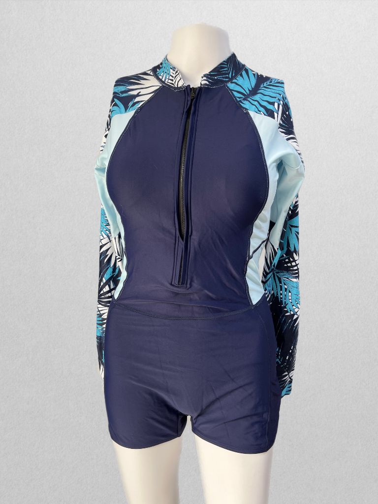 Navy/Palm Lightly Lined One-Piece Swimsuit with Shorts