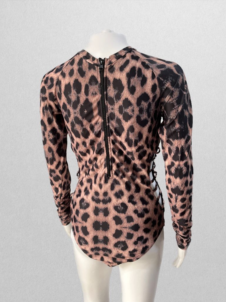 Floerns Women's Long Sleeve Zippered Cutout Leopard One Piece Swimsuit