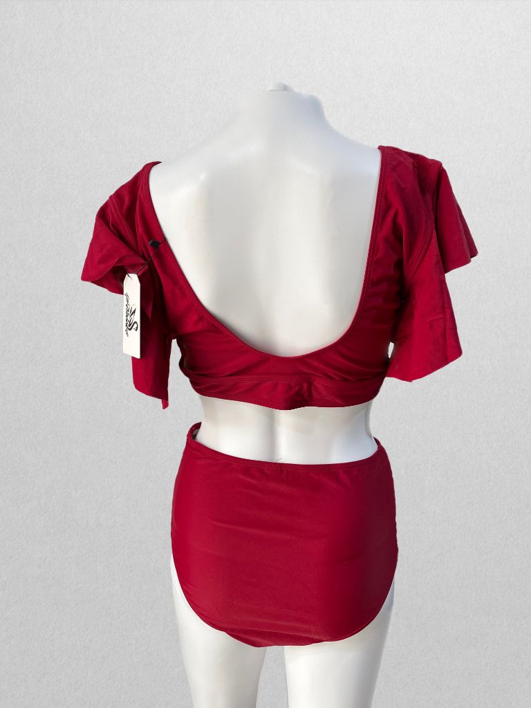 Sporlike Red V-Neck Ruffle Top Two Piece with High Waisted Bottom