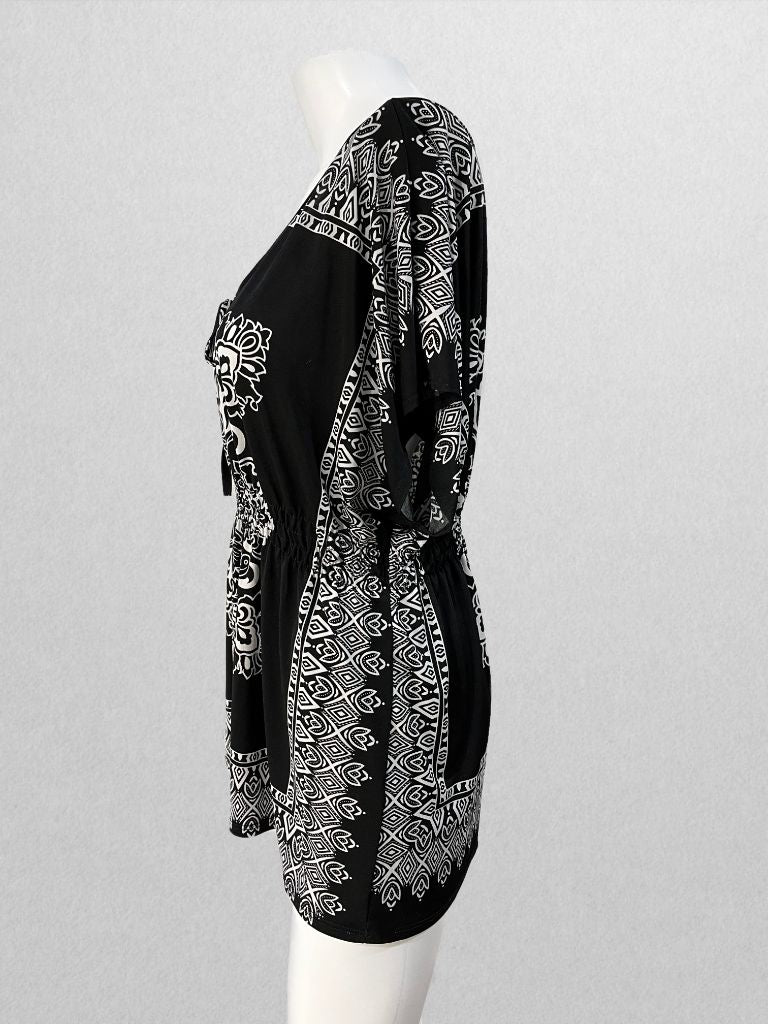 Claudia Richard Black/White Patterned Tie-Neck Blouse