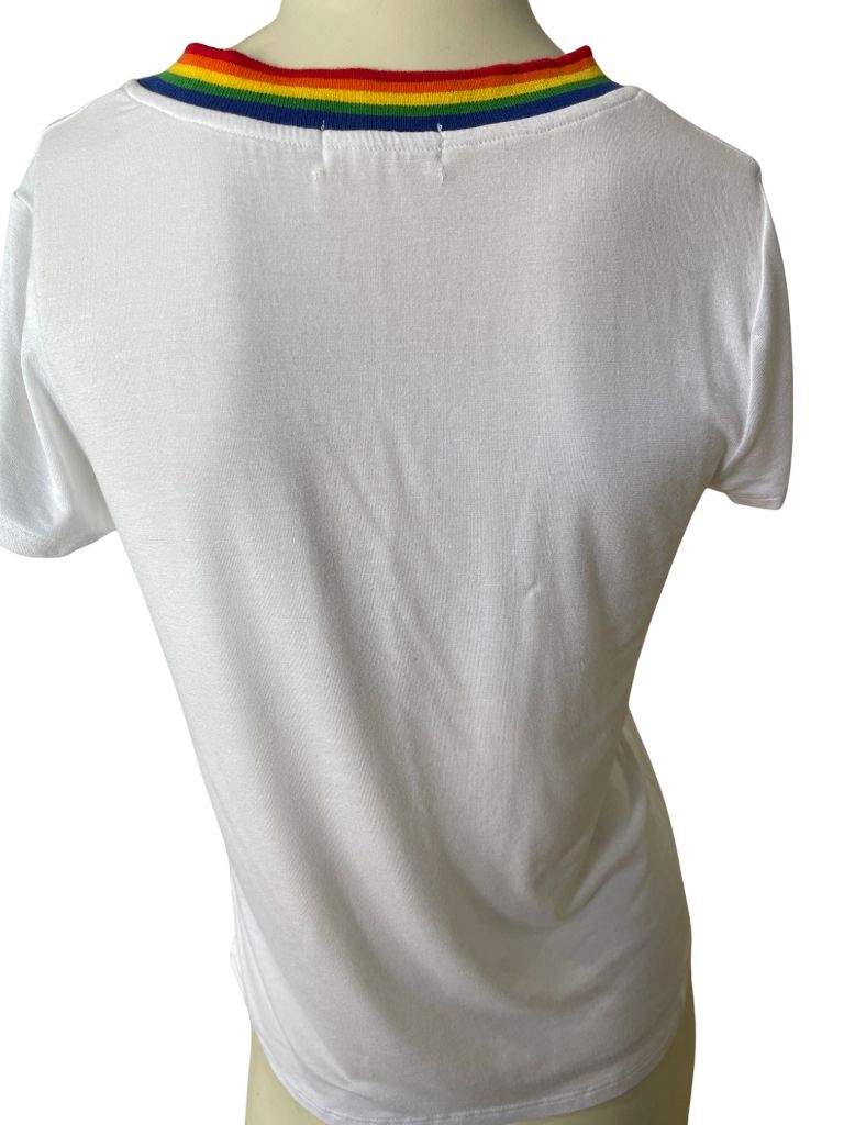 Full Tilt White V Neck Short Sleeve Tee With Rainbow Neck
