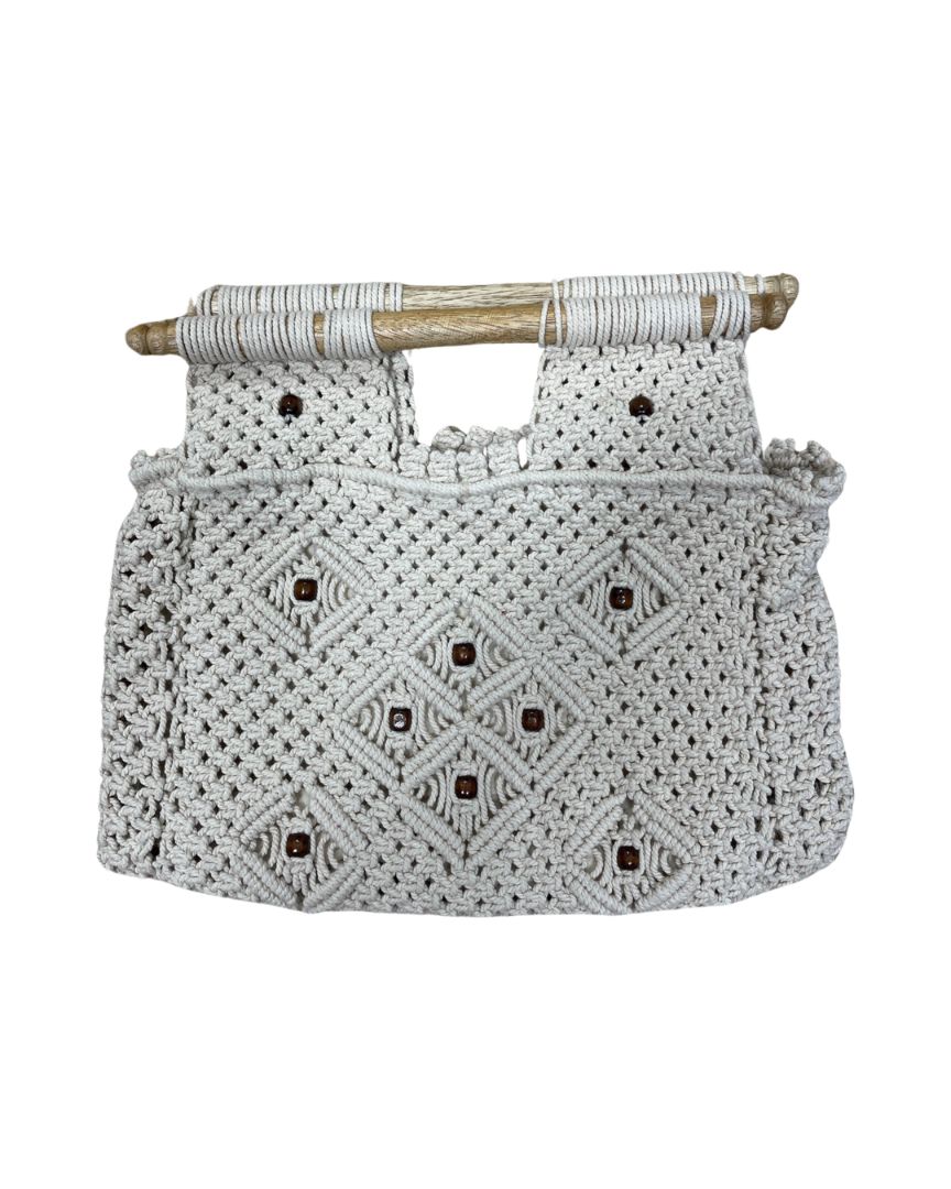 Virginia Wolf Beige Macrame Wood Handle Handbag