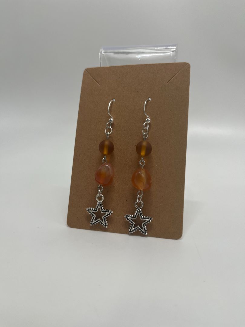Red Agate & Stars Beaded Earrings | Silver