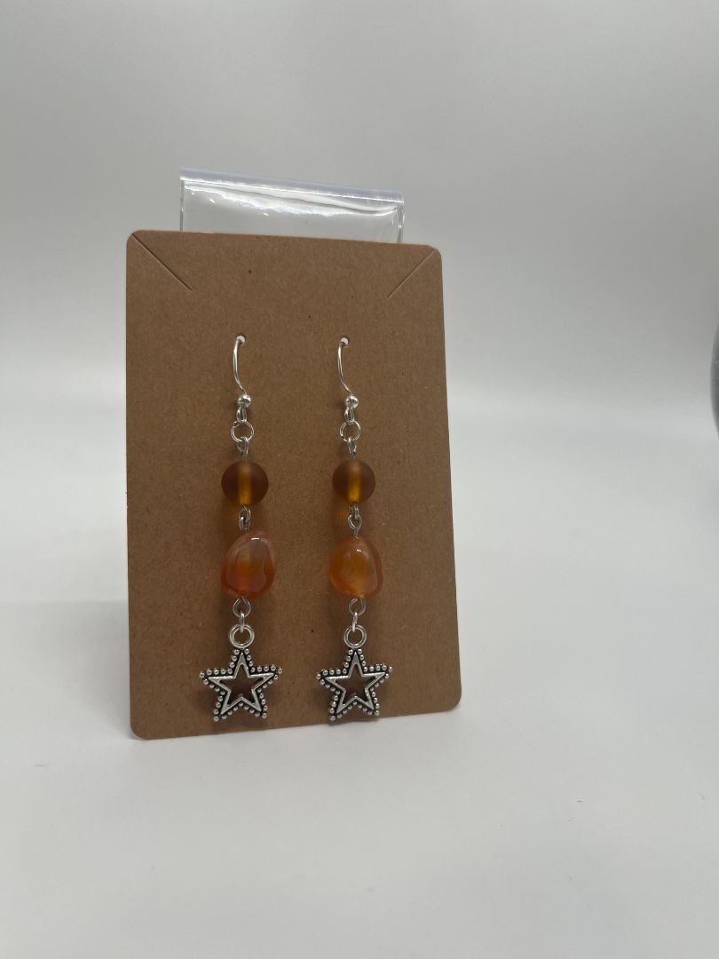 Red Agate & Stars Beaded Earrings | Silver