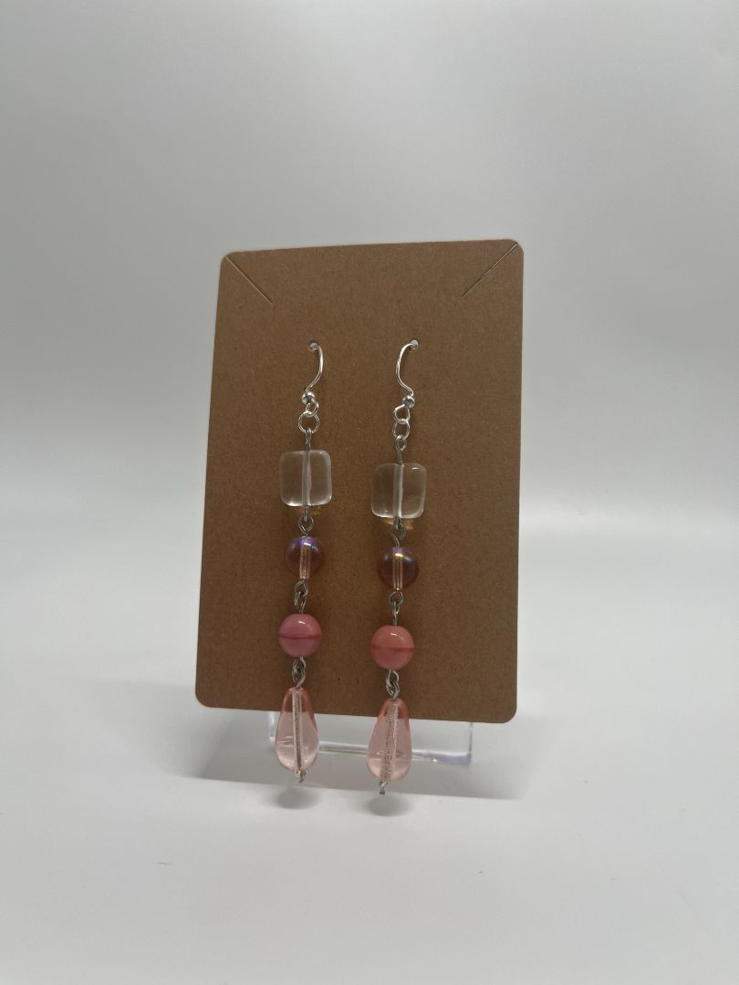 Pink Beaded Long Dangle Earrings | Silver