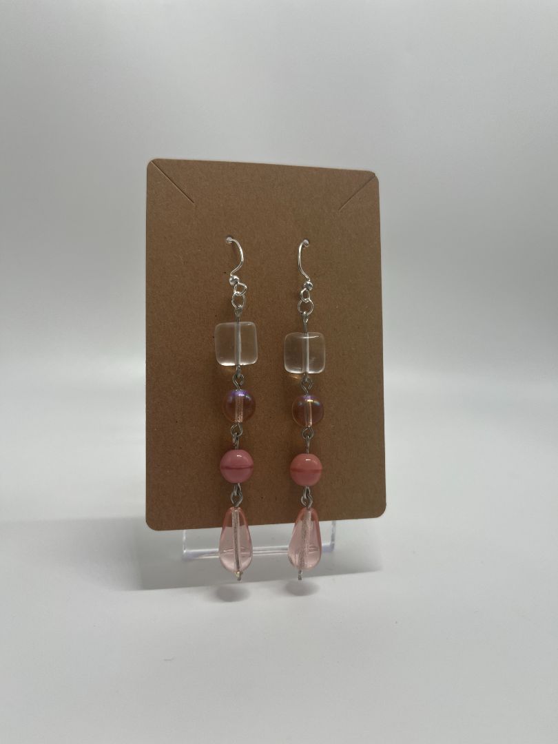 Pink Beaded Long Dangle Earrings | Silver