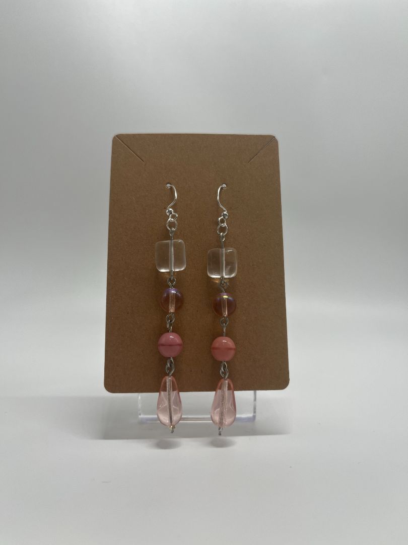 Pink Beaded Long Dangle Earrings | Silver