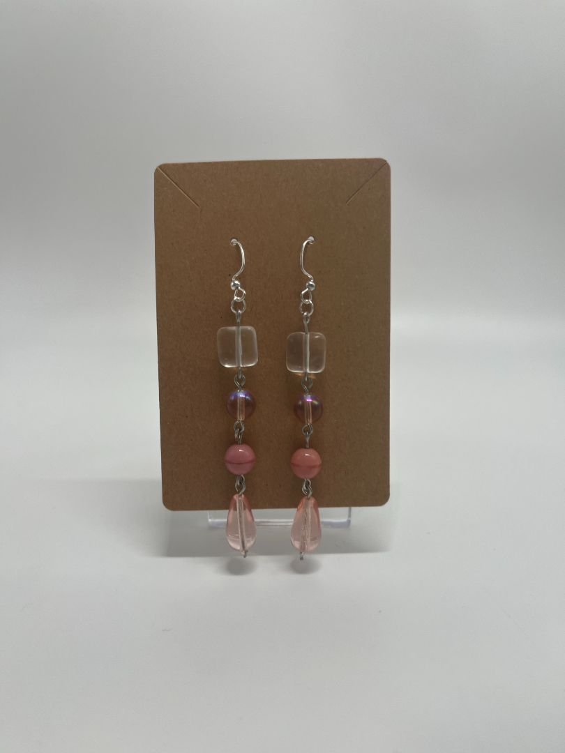 Pink Beaded Long Dangle Earrings | Silver