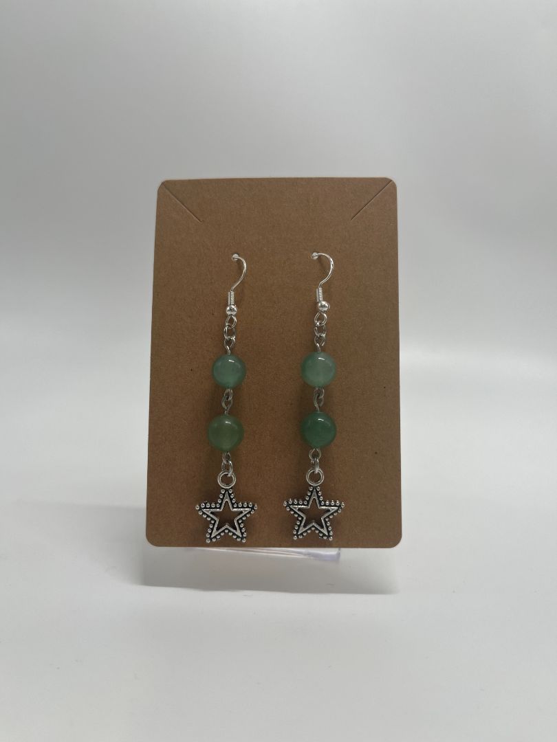 Green Aventurine & Stars Beaded Earrings | Silver
