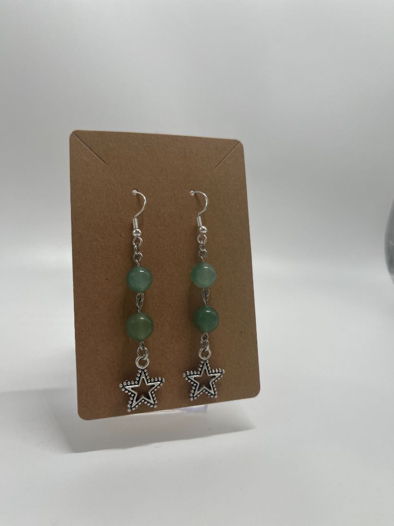 Green Aventurine & Stars Beaded Earrings | Silver