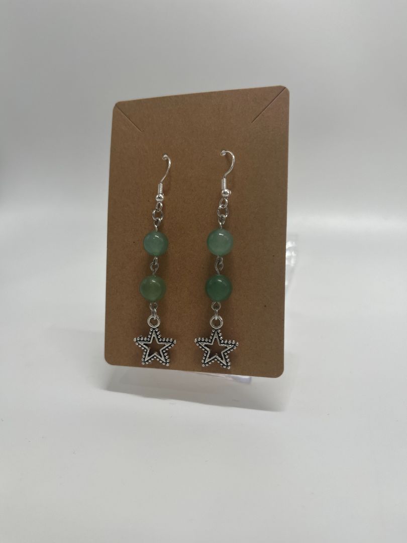 Green Aventurine & Stars Beaded Earrings | Silver