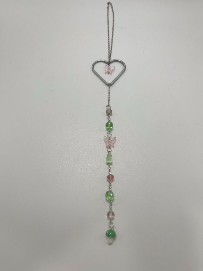 Pink & Green Butterfly Garden Beaded Wall Hanging Decor | Silver