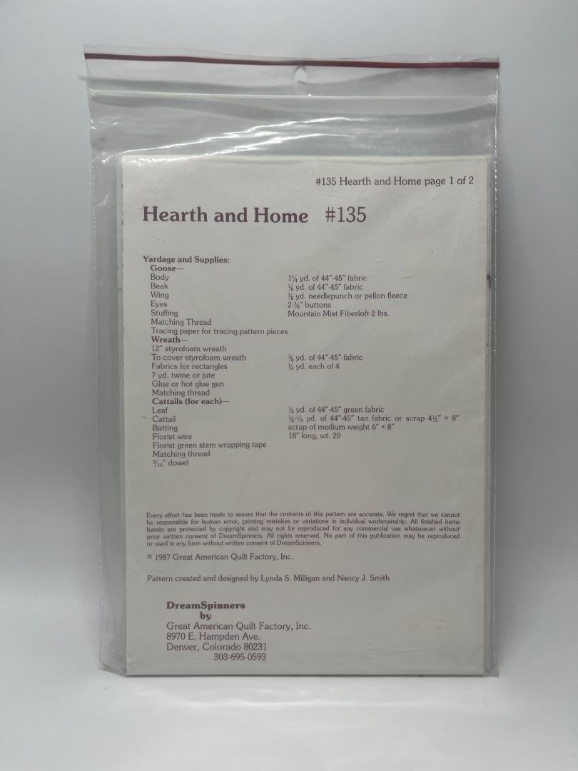 Vintage 18" Goose, Cattails, & 14" Wreath #135 - Hearth & Home Sewing Pattern & Instructions by Great American Quilt Factory