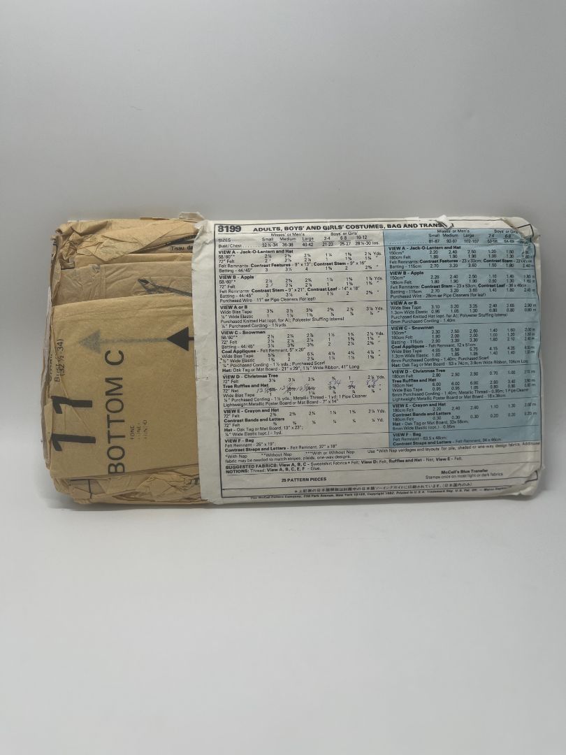 Vintage McCall's 8199 B Adults, Boys' and Girls' Costumes, Bag & Transfer Sewing Pattern