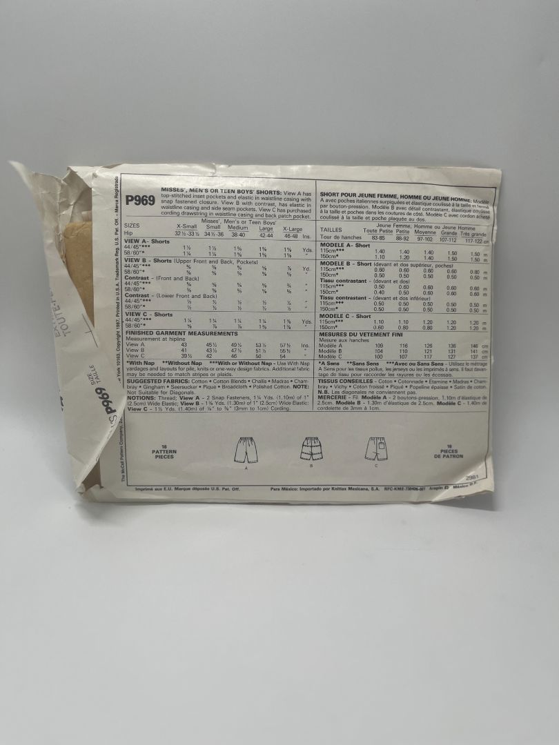 Vintage McCall's P969 Misses', Men's or Teen Boys' Shorts Sewing Pattern