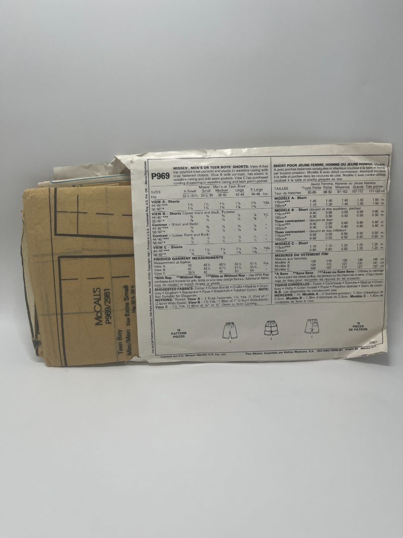 Vintage McCall's P969 Misses', Men's or Teen Boys' Shorts Sewing Pattern