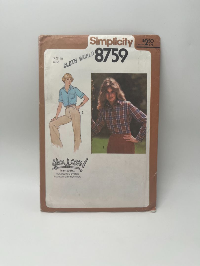 Vintage Simplicity 8759 Size 10 Misses' Shirt in 2 Styles Sewing Pattern