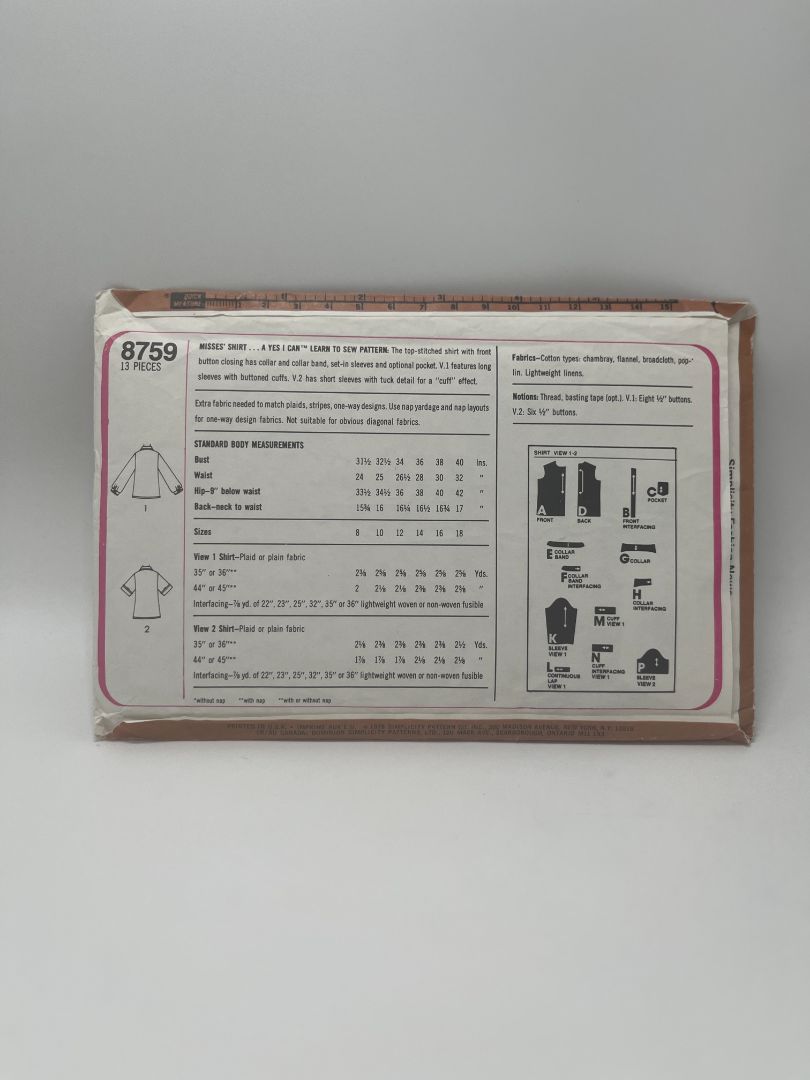 Vintage Simplicity 8759 Size 10 Misses' Shirt in 2 Styles Sewing Pattern