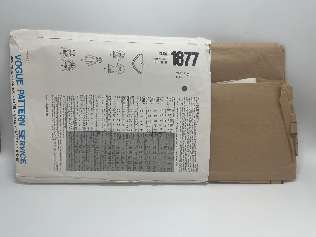 Vintage Vogue Patterns 1877 Size 7 Girls' Dresses and Veil 19 Pieces Sewing Pattern