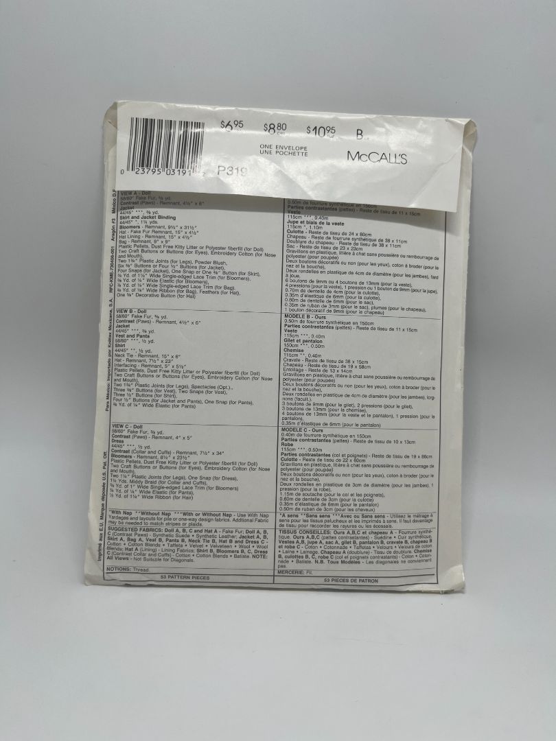 Vintage McCall's P319 19" and 15" Stuffed Bears with Clothes Sewing Pattern