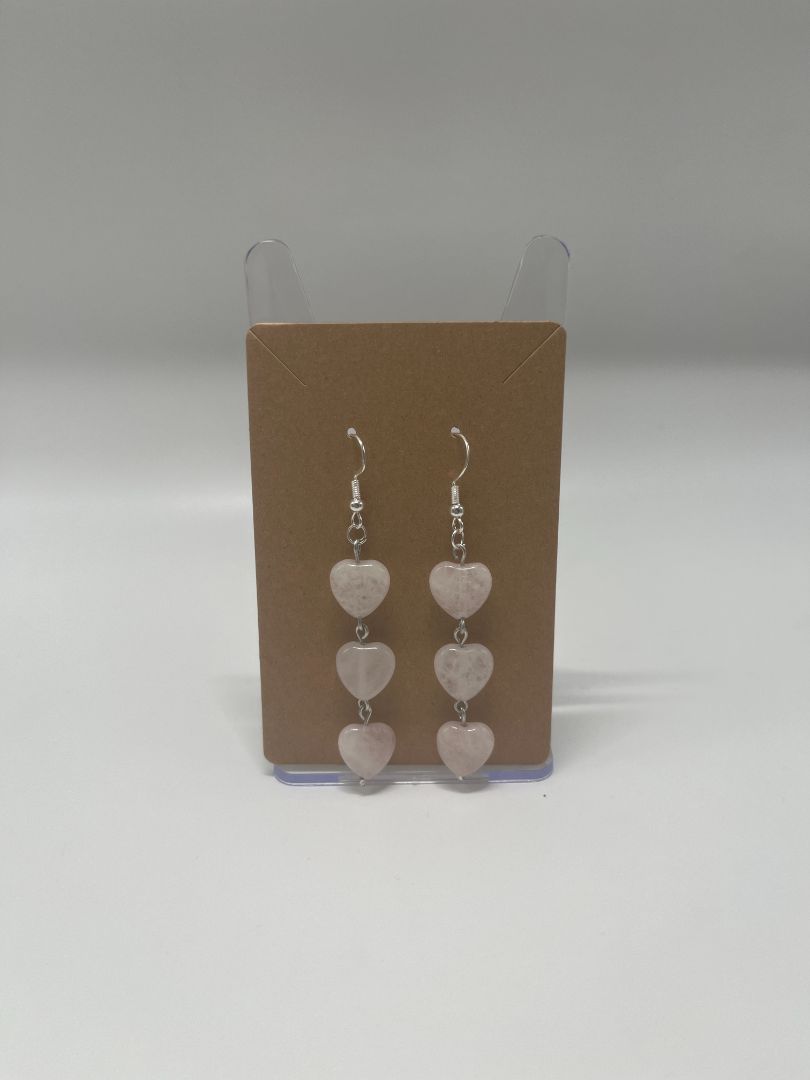 Valentine's Day Rose Quarts Stacked Hearts Earrings | Handmade | Silver
