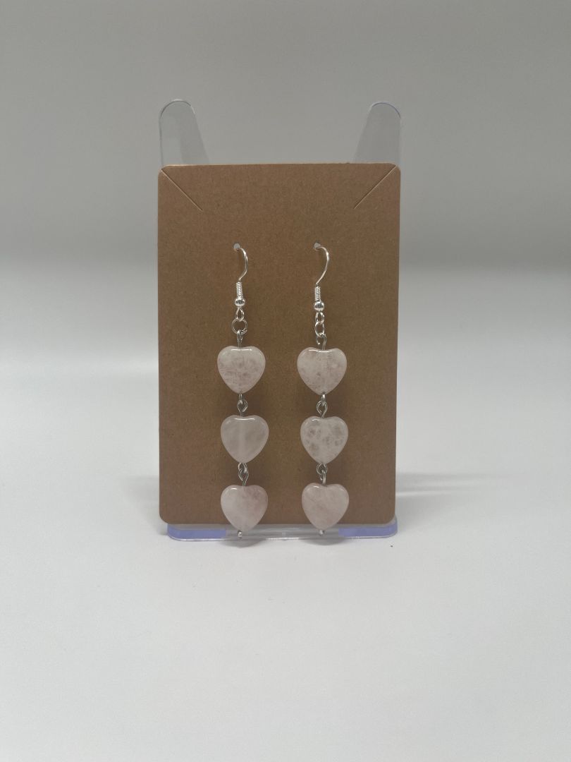 Valentine's Day Rose Quarts Stacked Hearts Earrings | Handmade | Silver
