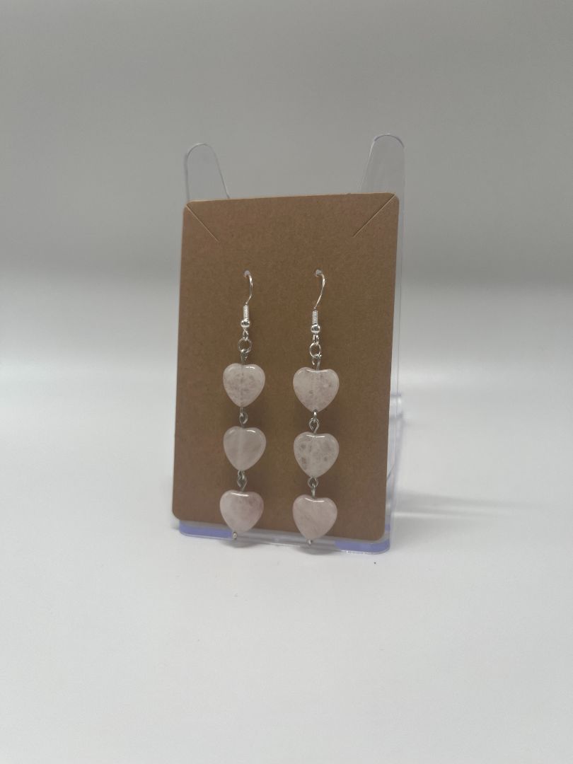 Valentine's Day Rose Quarts Stacked Hearts Earrings | Handmade | Silver
