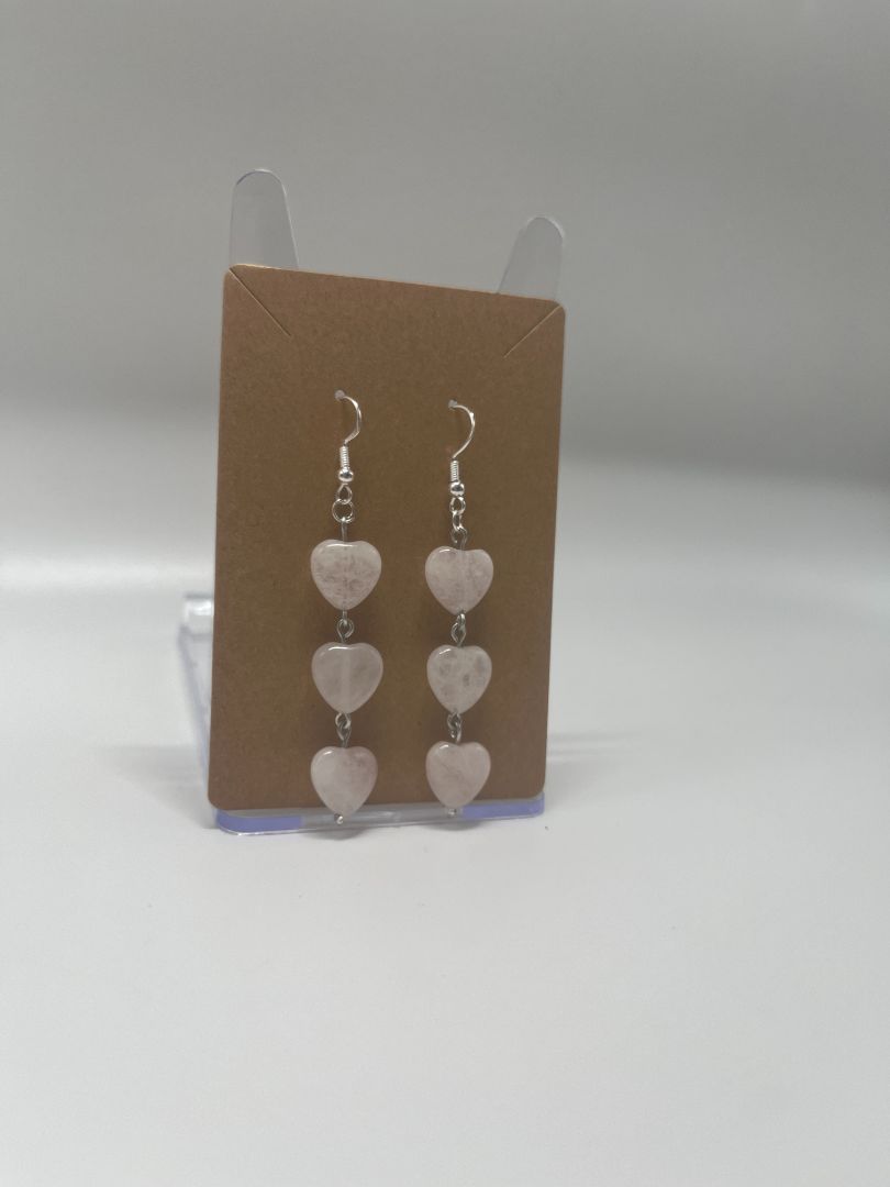 Valentine's Day Rose Quarts Stacked Hearts Earrings | Handmade | Silver