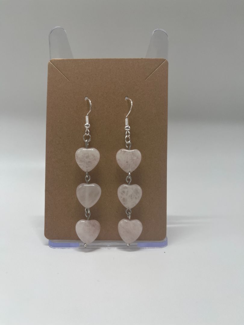 Valentine's Day Rose Quarts Stacked Hearts Earrings | Handmade | Silver