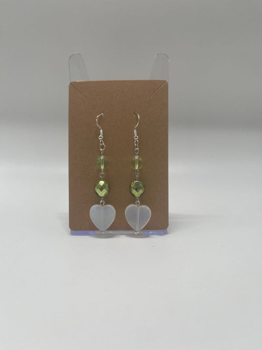 Sparkly Green & Hearts Dangley Earrings | Handmade | Silver