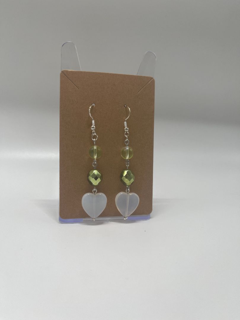 Sparkly Green & Hearts Dangley Earrings | Handmade | Silver