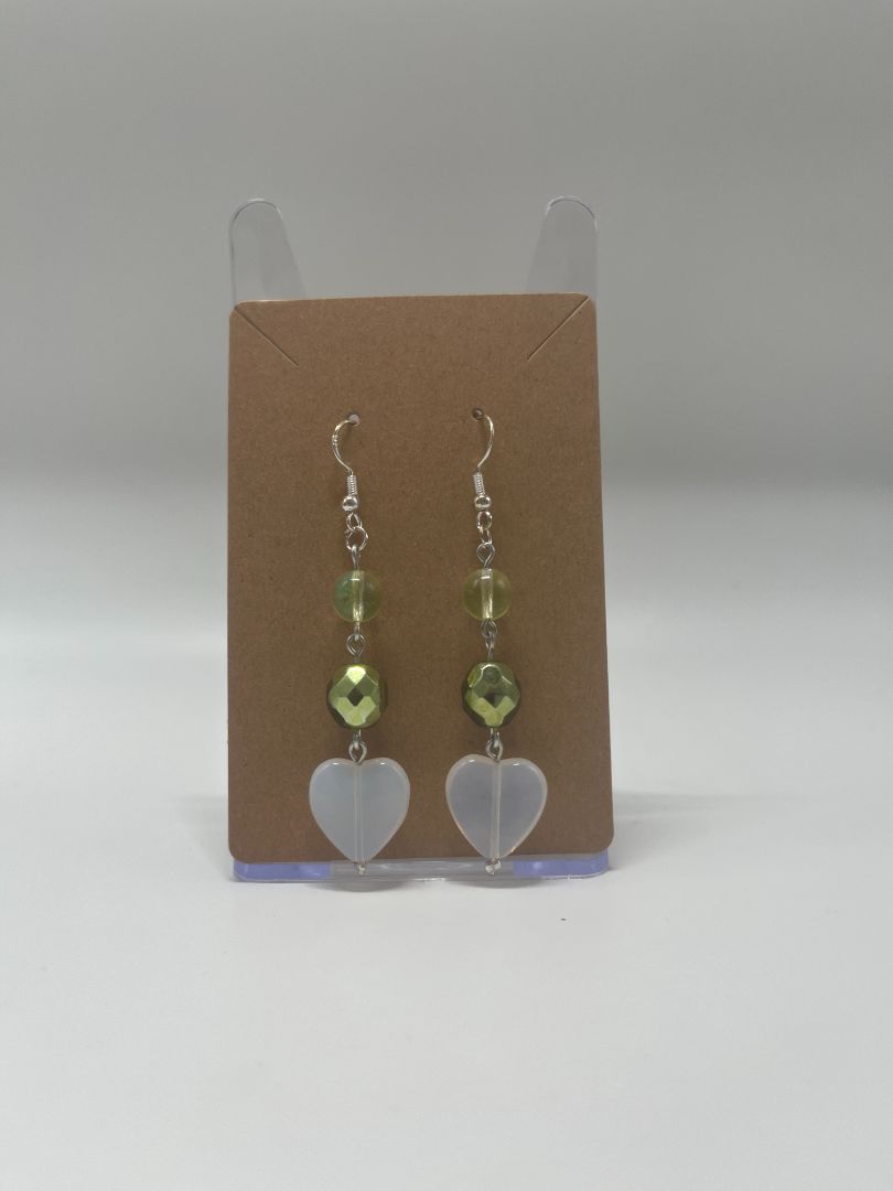 Sparkly Green & Hearts Dangley Earrings | Handmade | Silver
