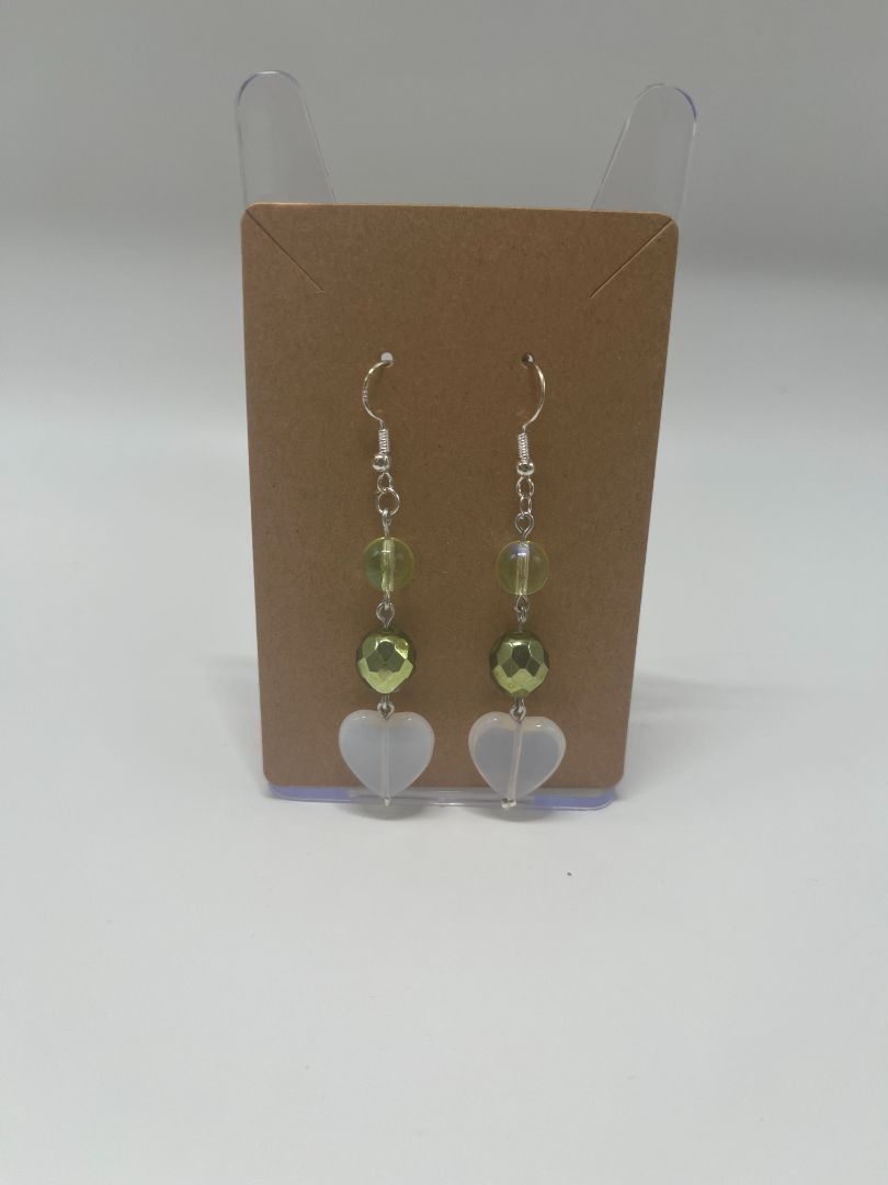 Sparkly Green & Hearts Dangley Earrings | Handmade | Silver