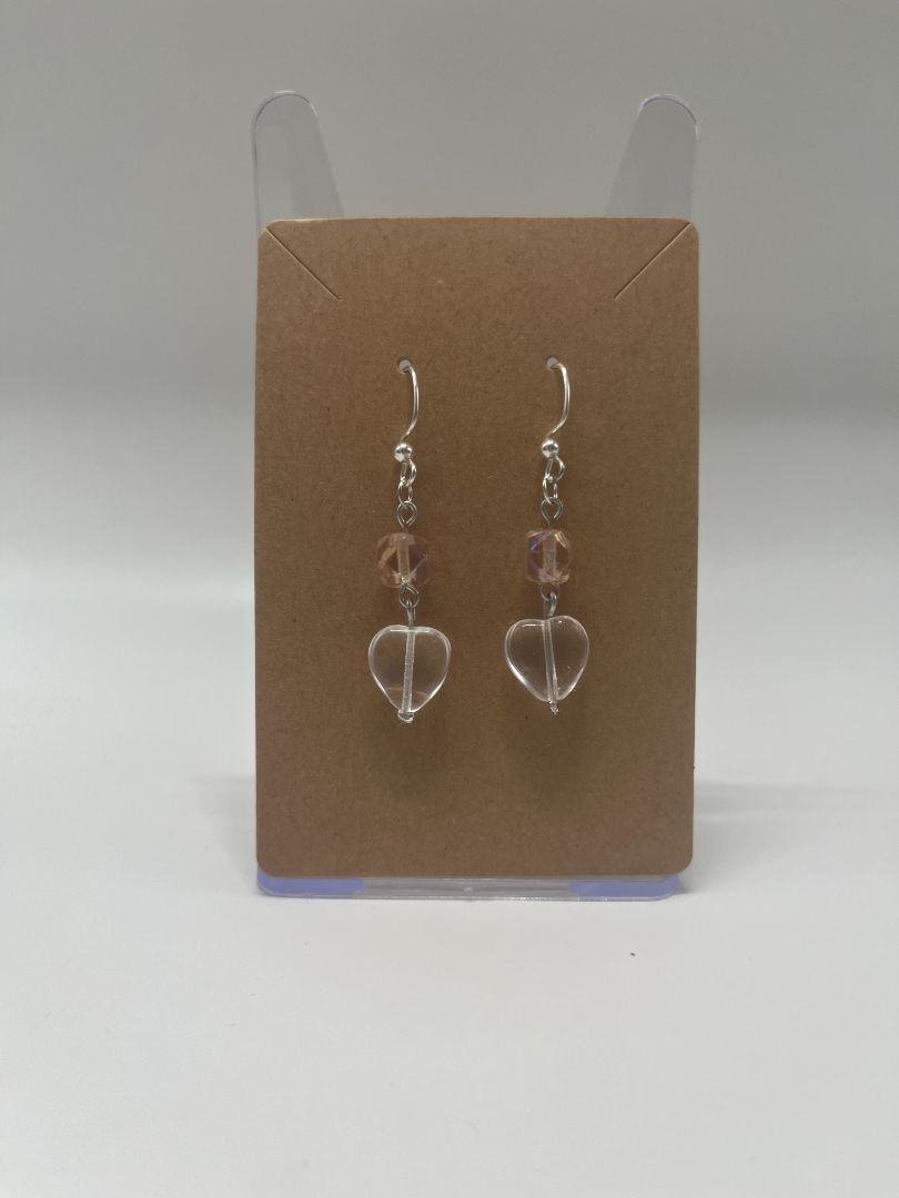 Valentine's Day Pink & Clear Heart Dangley Earrings | Handmade | Silver